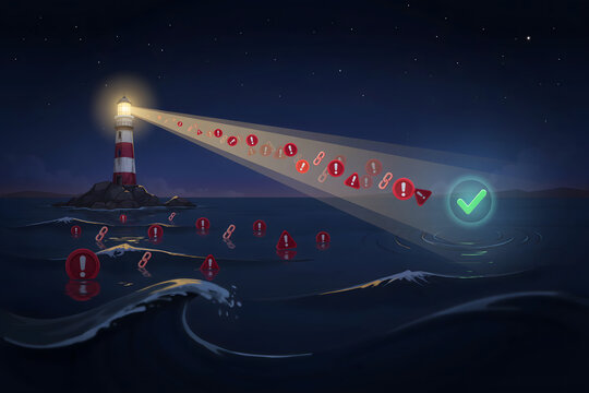 Lighthouse shining a beam of light over the dark sea revealing a green checkmark symbol amidst many red warning and broken link at night