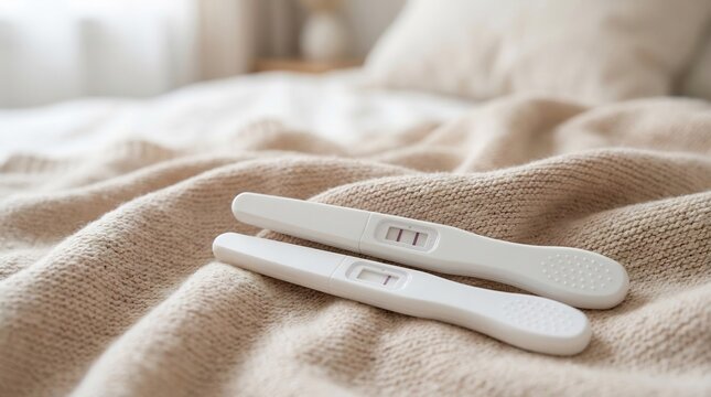 Two ovulation test strips showing positive hormone results on a soft beige knitted fabric