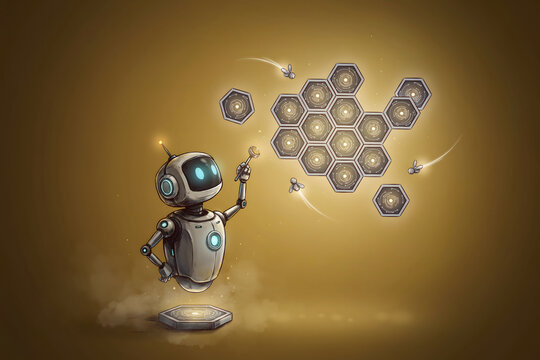 Small cute robot floating and holding a glowing wand while interacting with a cluster of illuminated hexagonal honeycombs on a gold background