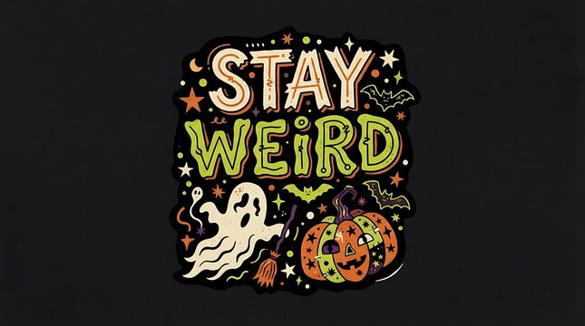 Halloween 'Stay Weird' graphic with ghost pumpkin and bats in playful style