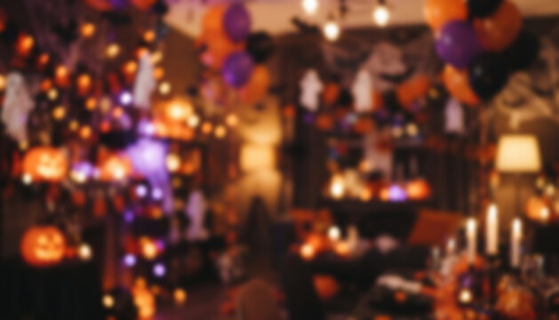 Festive Halloween party room with fully blurred pumpkins, decorations, glowing lights, and orange purple bokeh creating an energetic seasonal celebration background.