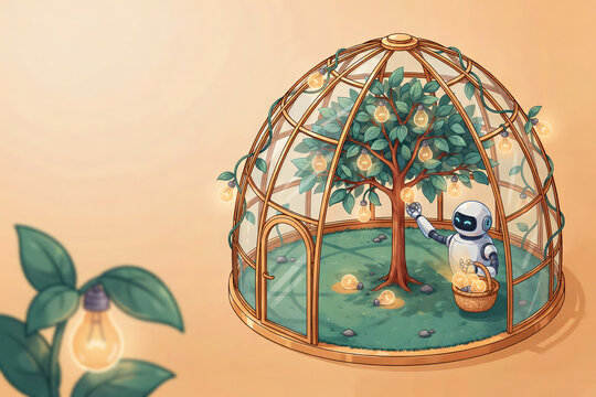 Small robot inside a glass dome greenhouse, tending to a tree with glowing light bulbs and a plant with a light bulb in the foreground