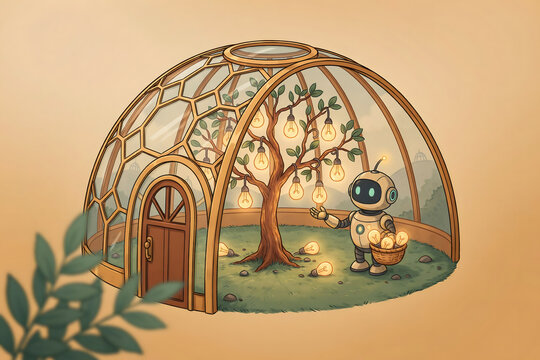 Small robot inside a glass geodesic dome greenhouse tending to a tree with glowing light bulbs hanging from its branches and in a basket
