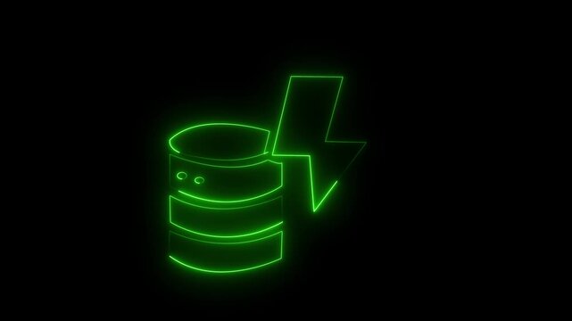 Glowing  server and database icon on black background. neon data settings icon animation. data processing and management icon. 