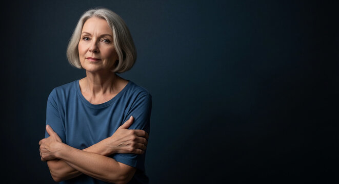 Portrait of a mature woman with grey hair, arms crossed, looking thoughtfully into the camera against a dark blue background, symbolizing reflection and maturity