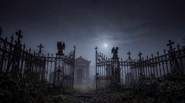 Close view of gothic cemetery gates leading to stone