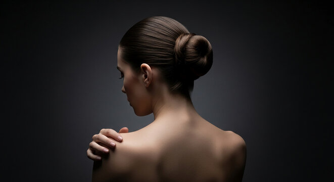 Close-up of a woman's bare shoulders and neck, styled hair bun, symbolizing elegance, beauty, and sophistication, perfect for skincare or fashion.