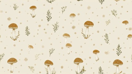Fototapeta na wymiar Seamless woodland pattern with small mushrooms, herbs and delicate botanical sprigs on a warm cream background, natural forest surface illustration