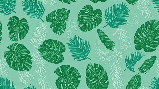 Seamless tropical foliage pattern with dark green monstera and palm leaves on a mint background, fresh botanical jungle illustration and modern surface design