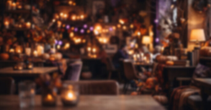 Cozy Halloween caf&eacute; background featuring fully blurred pumpkins, warm lamps, autumn decorations, and soft orange purple bokeh for elegant seasonal designs.