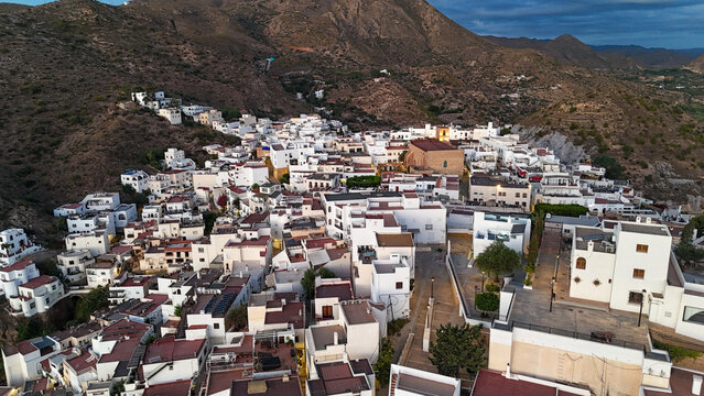 Panoramic view of Moj&aacute;car, Andalusia, Spain, at dawn, from a bird&rsquo;s-eye view