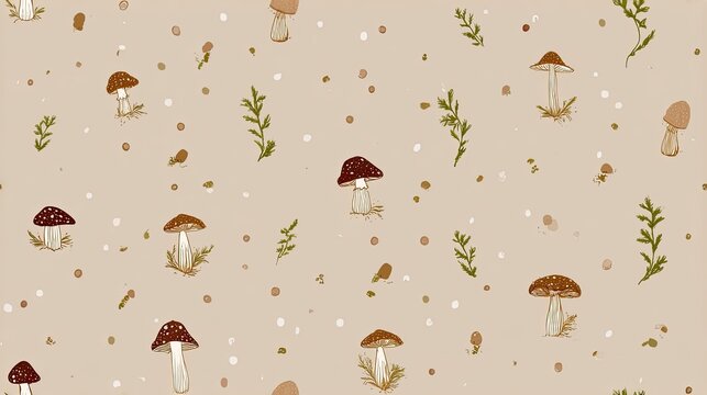 Seamless woodland pattern with small brown mushrooms, dried herbs and scattered dots on a warm beige background, rustic natural surface design