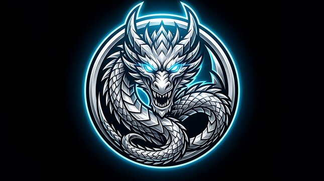 Glowing silver dragon coiled in a circle against black background with blue eyes