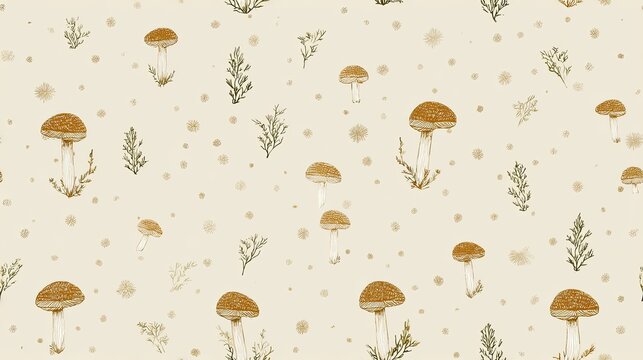Seamless woodland pattern with small mushrooms, herbs and delicate botanical sprigs on a warm cream background, natural forest surface illustration
