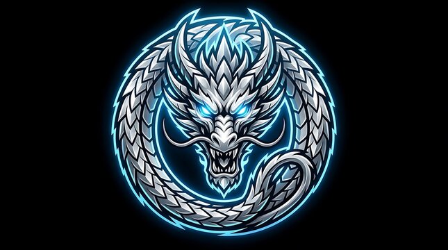 Fantasy dragon emblem with glowing blue eyes and scales creature mystical