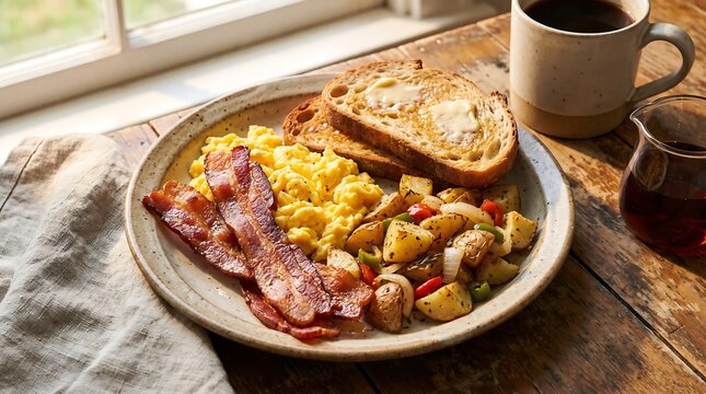 A hearty breakfast platter featuring crispy bacon, fluffy scrambled eggs, golden toast with melted butter, and seasoned home fries, accompanied by a steaming mug of coffee.