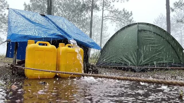 Rain shelter beside camp tent protects yellow fuel cans as heavy rainfall pours off blue tarp, with flooded ground, rope barrier, and misty pine forest surrounding remote outdoor campsite.