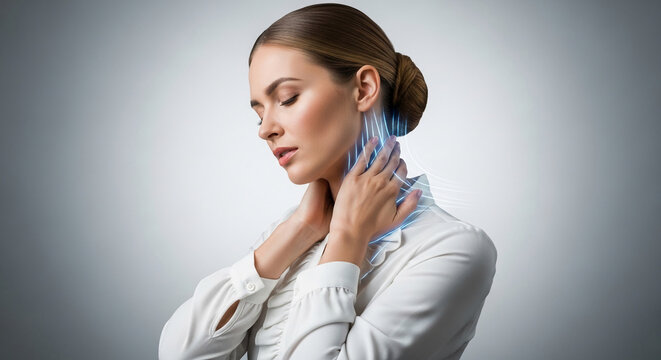 A woman with closed eyes touches her neck with light blue graphic accents, representing a medical or wellness concept