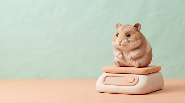 Hamster Standing on a Pet Scale, Pastel Clay Illustration Representing Small Animal Weight Monitoring and Veterinary Wellness
