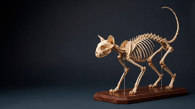 Domestic Cat Skeleton Specimen Felis Catus Articulated Bone Structure on Polished Wood Stand