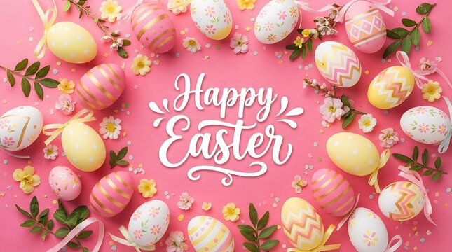 Happy easter greeting card with colorful eggs and flowers on a pink background