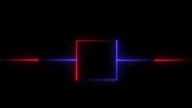 Abstract glowing neon rectangle border frame. neon color neon box with glowing neon lines on black background. Repetitive moving with neon lights shrinking and expanding. Black .