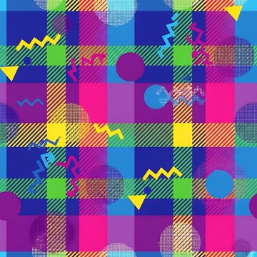 Vibrant Retro Plaid Seamless Pattern with Colorful Memphis Geometric Shapes