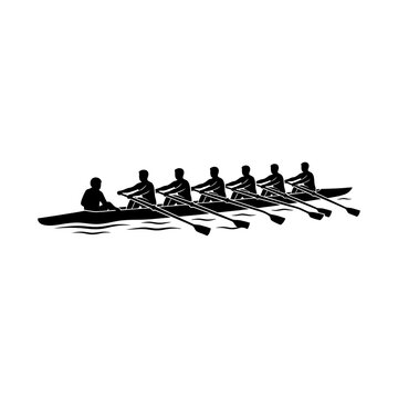 Rowing team in crew boat black silhouette vector design element for competitive watersports regatta training exercise and teamwork fitness activity illustrations.
