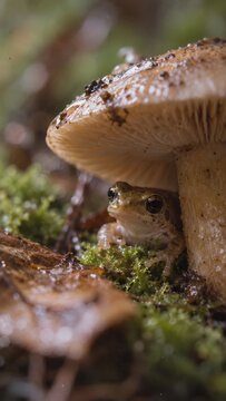 雨上がりのキノコの傘の下で雨宿りする小さなカエル、苔むした森の幻想的なマクロ写真