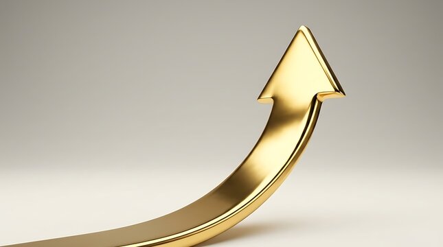 Shiny golden arrow pointing up representing business growth and success
