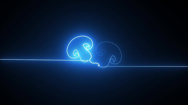 Two mushrooms drawn with a single continuous glowing blue neon line on a dark background