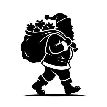 Santa claus carrying large sack full of gifts black silhouette isolated graphic design element for holiday winter seasonal festive decoration print layouts.