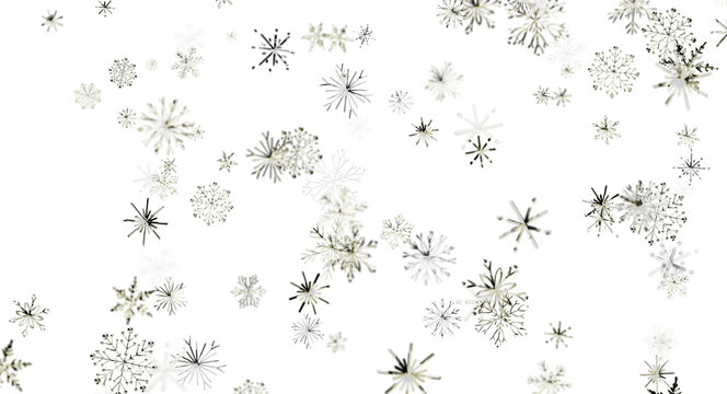 Digital illustration of white and grey snowflakes falling against a dark, black background. Ideal fo