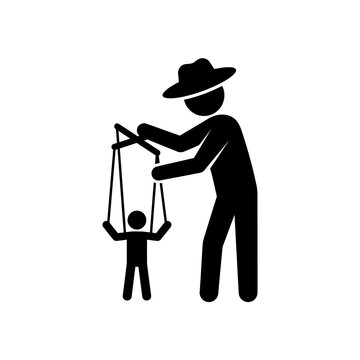 Puppeteer controlling small marionette puppet silhouette icon isolated black figure representing manipulation influence leadership dynamics corporate management.