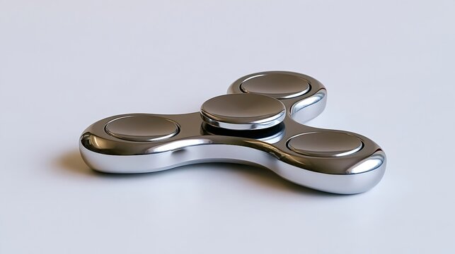 Fidget spinner made of chrome metal with a reflective surface resting on a clean white background, providing a tool for focus, stress relief, and anxiety reduction