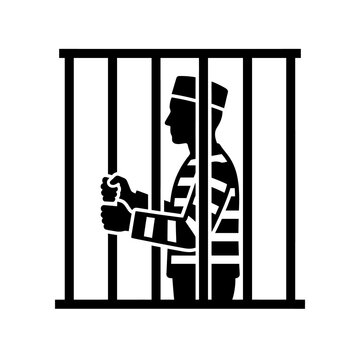 Prisoner behind iron bars silhouette icon showing jailed man wearing striped uniform representing criminal justice incarceration confinement legal punishment.