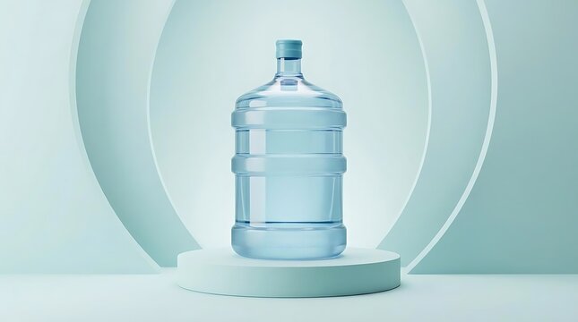 A 5 gallon jug of pure water sitting gracefully on a minimalist studio podium with blue background