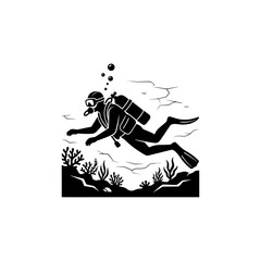 Scuba diver silhouette swimming underwater near coral reef with oxygen tank and bubbles for marine exploration or recreational diving adventure marketing media. © Mr