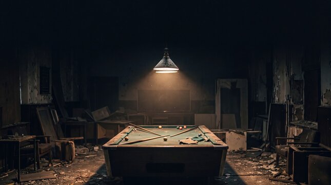 Vintage dilapidated billiard pool table in rustic hall