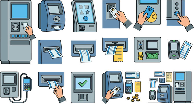 Self Service Terminal and Automated Payment Kiosk Concept Vector Illustration Featuring Ticket Machines, Card Readers, and Cash Transactions