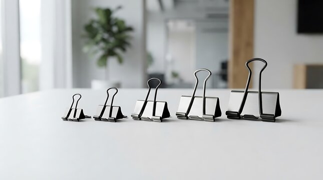A neat row of black metal binder clips in increasing size order representing abcde on an office desk