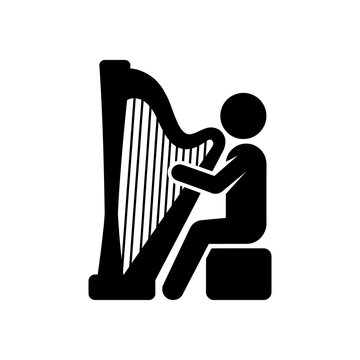 Musician playing harp with seated figure, black silhouette on transparent background.