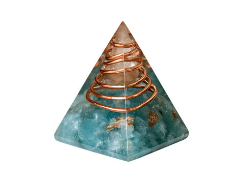 Orgone pyramid crystal generator with copper coil isolated on transparent or white background, png