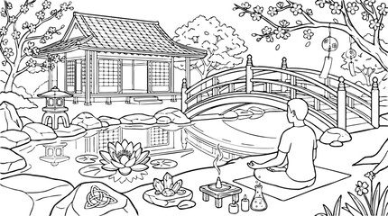 Fototapeta premium Man meditating in a Japanese garden with a traditional building, arched bridge, and tranquil pond, line art illustration