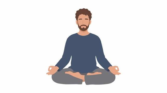 Man meditating in lotus pose, flat design vector illustration, calm wellness concept
