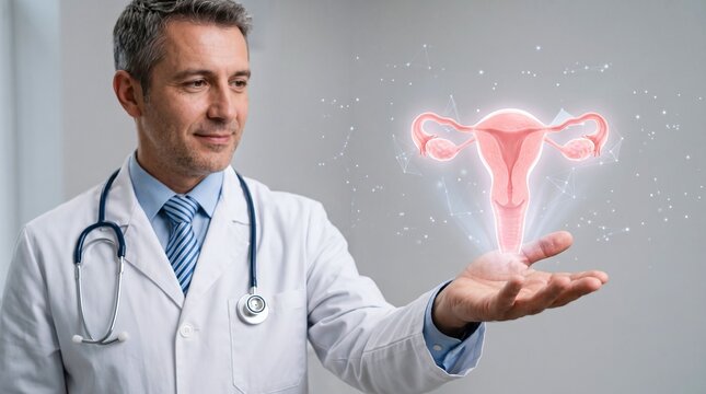 Male doctor in white coat looking at a glowing 3D hologram of the female reproductive system uterus ovaries and fallopian tubes above his open hand