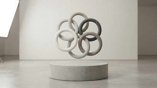 A contemporary studio installation with abcde sculpture hanging over a concrete pedestal in minimalist interior