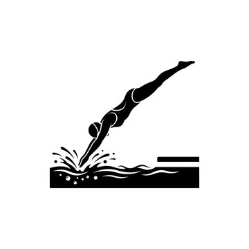 Diver silhouette jumping off starting block vector graphic features an athlete plunging into water with dynamic splash effects on transparent background.