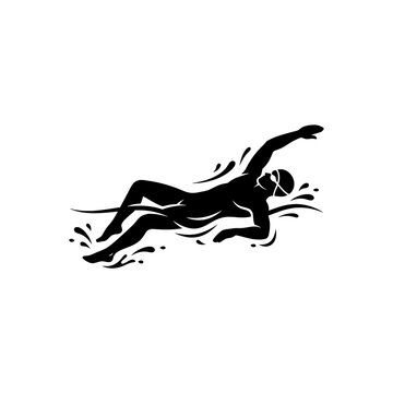 Swimmer silhouette in black graphic vector element captures the fluid motion of a freestyle athlete gliding through stylized water splashes and waves.