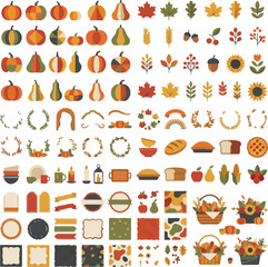 Obraz premium Harvest icon set displays stylized pumpkins, fall foliage, baked goods, labels, and picnic baskets.